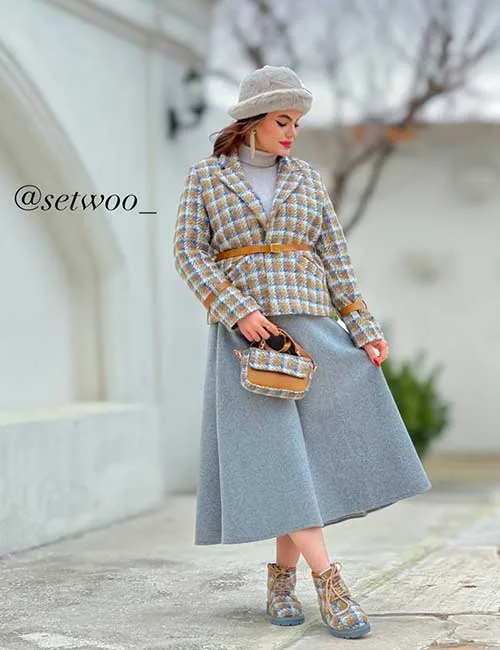 ست زمستانه زنانه هایدی شامل کت پشمی، دامن، شلوار و کیف چرم